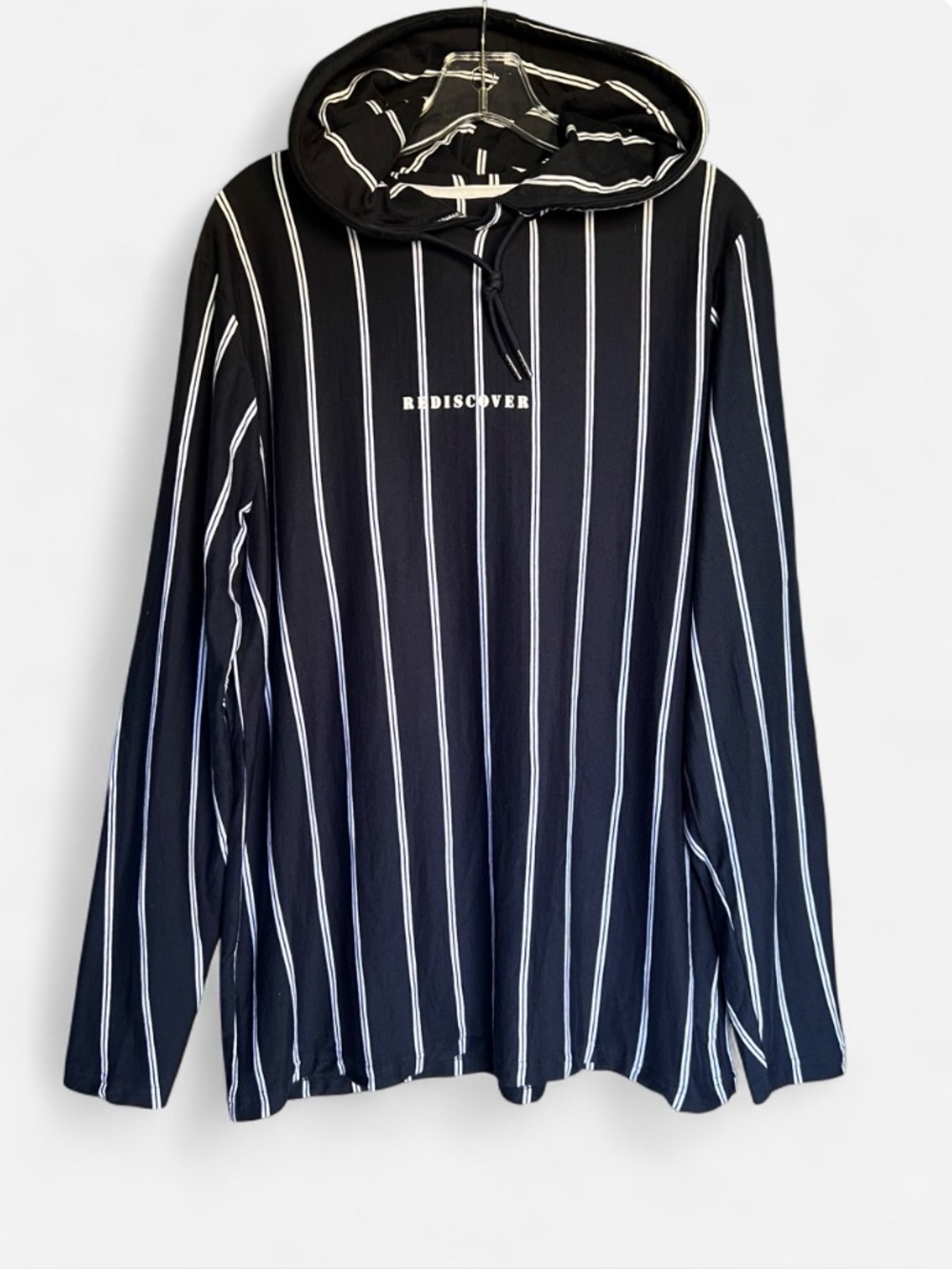 NEW Denim & Flower Rediscover Hoodie Mens Sz L Navy Blue Vertical Stripe Graphic